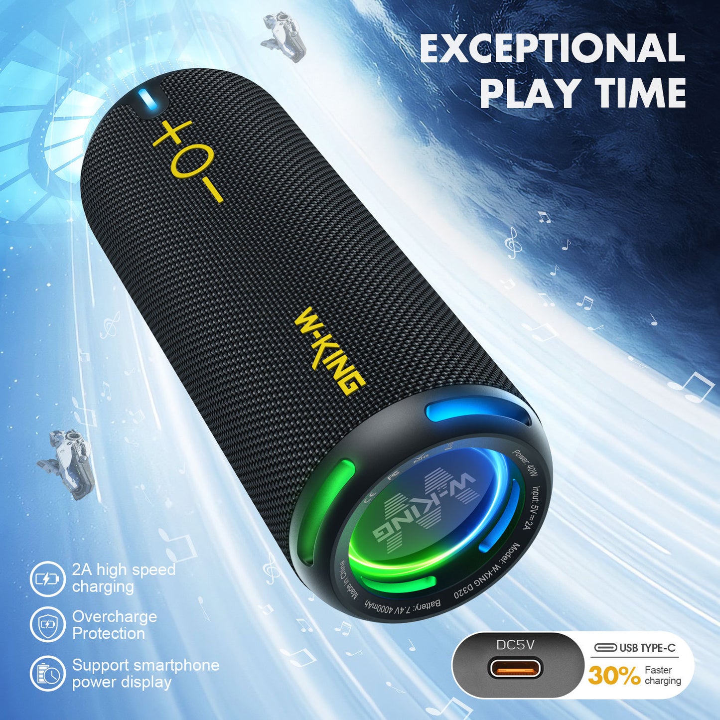 W KING 40W Portable Speaker  IP67 Waterproof  APP Control High-Quality Audio TF Or AUX  Dynamic Lights For Party  Outdoor  Shower